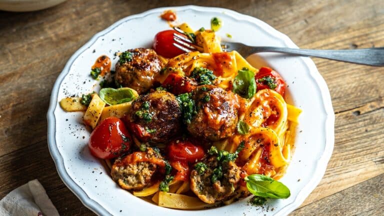 Donals krydrede kjÃ¸ttboller, tomatsmÃ¸rsaus og fersk pasta