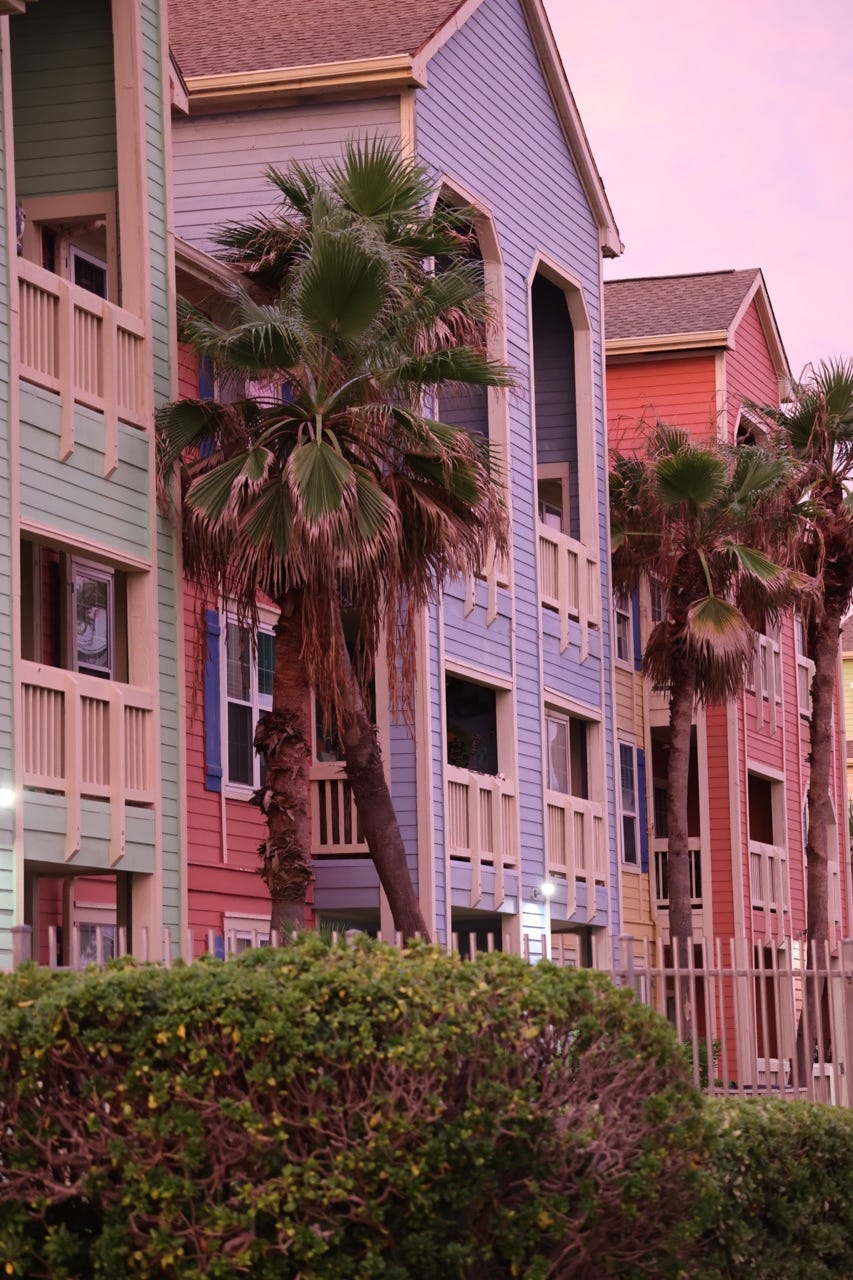 en vertikal visning av strandleiligheter med palmer foran på en gate i Galveston, Texas