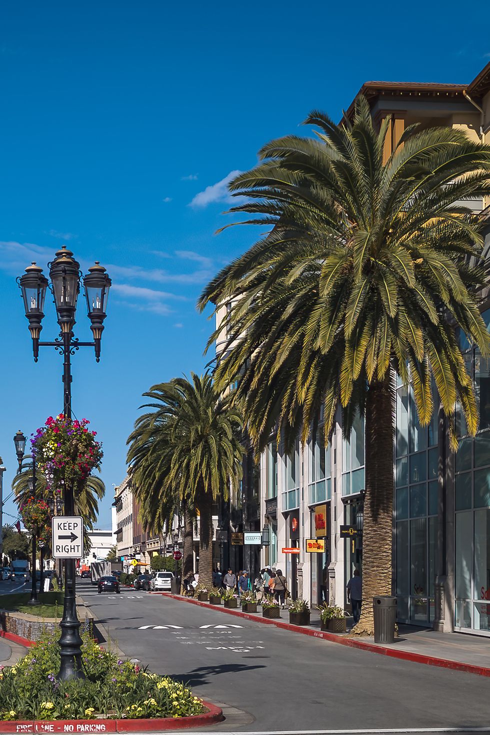 Bygninger, palmer og dyre biler i Santana Row, San Jose, California