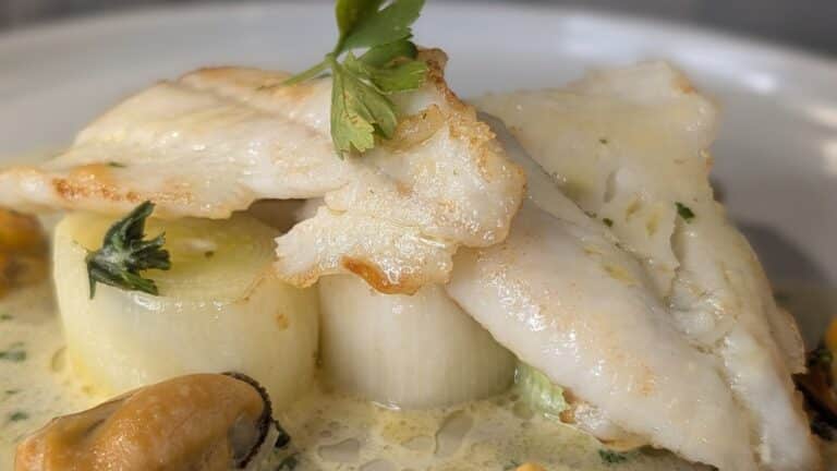 Marks pan-stekte piggvar med blÃ¥skjell og purre: i dag