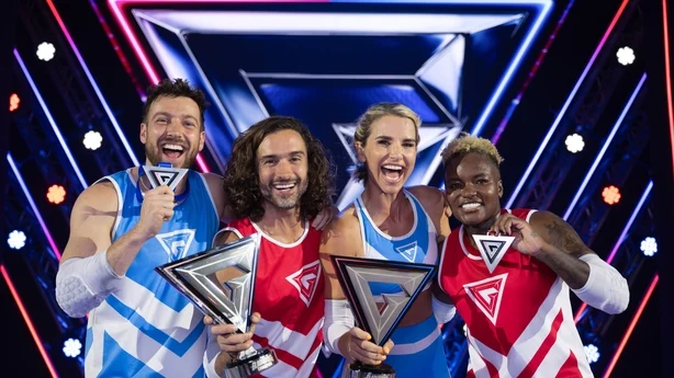 (LR) Sam Thompson, Joe Wicks, Vogue Williams og Nicola Adams om Gladiators: Celebrity Special Photo: BBC/Hungry Bear Media Ltd/Graeme Hunter