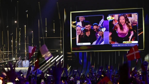 Eurovisions resultattavle viser Israel og Bulgaria i de siste Ã¸yeblikkene av konkurransen
