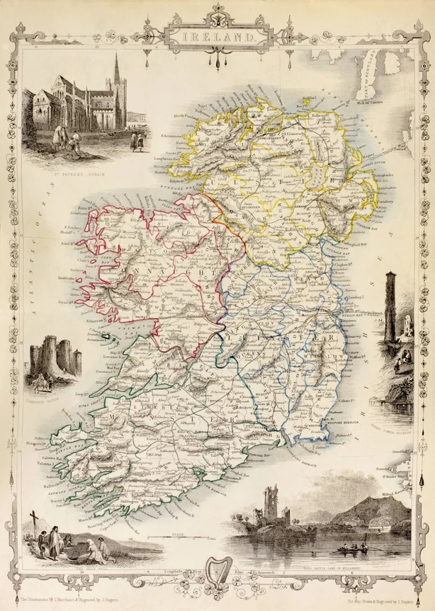 Kart over Irland fra Irlands historie av Thomas Wright, publisert i London rundt 1854